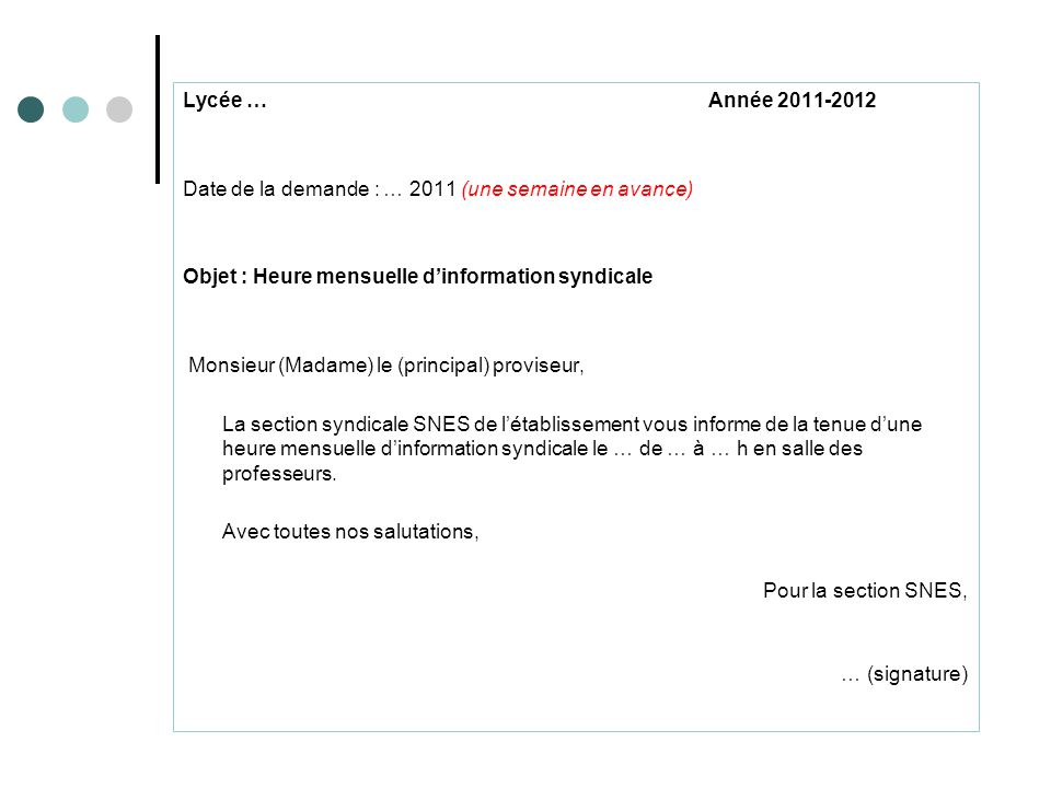 modele lettre heure information syndicale